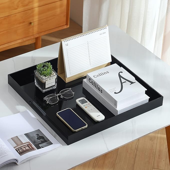Black Oversize Acrylic Serving Tray with Handles 20x20 Inch -Spill Proof- Decorative Trays Countertop Organizer for Ottoman,Nightstand, Sidetable, Butler (20x20 Inch, Black)