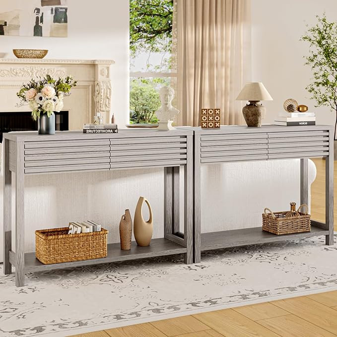 EAG 40" Fluted Console Table with 2 Drawers, Modern Wood 2 Tier Entryway Table with Storage Shelf, Narrow Sofa Tables Behind Couch for Entrance Foyer, Hallway, Living Room, Gray