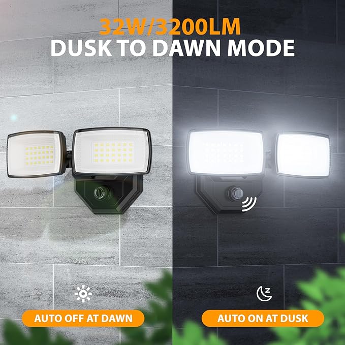 Onforu 32w 3200LM Dusk to Dawn Outdoor Lighting,6500K Dual-Head Flood Light Outdoor with Photocell,IP66 Waterproof Security Lights,Exterior Daylight Off and Night On Black Wall Light for Patio Garden