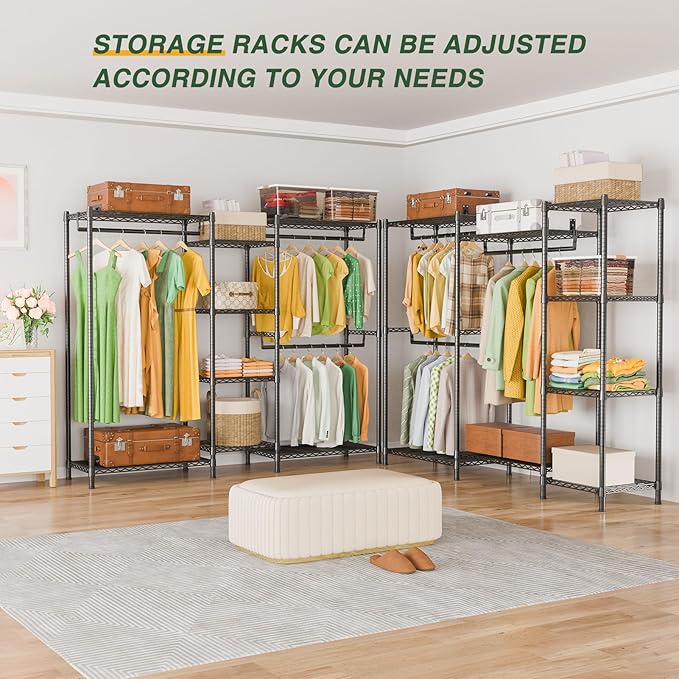 LEHOM G6 Wire Garment Rack Heavy Duty Clothes Rack Compact Size Armoire Storage Rack Freestanding Metal Clothing Closet Wardrobe with 3 Hanger Rod and 4 Large Shelves 4 Small Shelves, Black