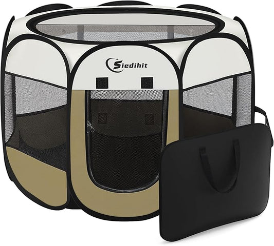 Pink Puppy Playpen for Middle Dog Cat, Dogs Tent Crate Cage Indoor/Outdoor, Portable Pop Up Dog Kennel with Carrying Bag for Rabbits, Removable Top (Coffee, Medium (36" x 36" x 23"))