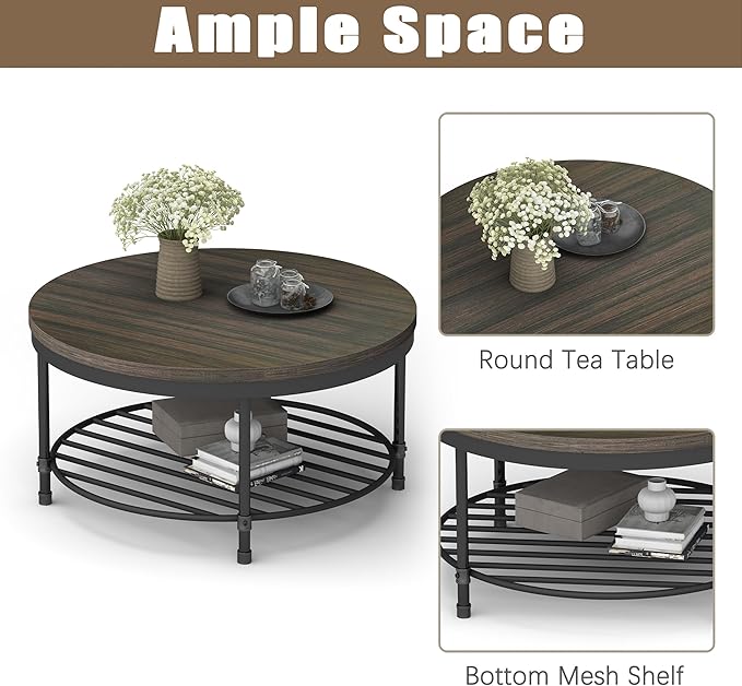 NSdirect 36" Round Coffee Table with Storage Shelf, Dark Grey Brown Vintage Wood Top & Metal Legs - 18.5" Height End Table for Small Spaces (Dark Grey Brown)