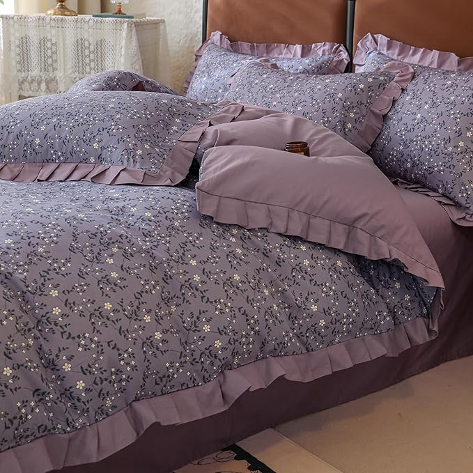 Purple Ruffle Duvet Cover Twin 3 Pieces Cute Daisy Flower Duvet Cover Girls Cottagecore Bedding Set Twin 100% Cotton Romantic Lace Comforter Cover Aesthetic Floral Bedding Cover with Zipper Closure