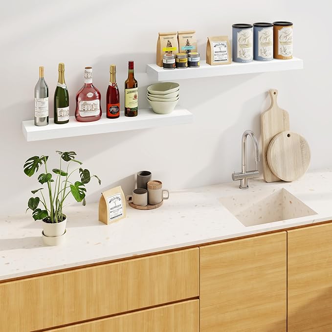 Fun Memories Floating Shelves for Wall, 36Inch Floating Shelves Set of 2, Hanging Shelf with Invisible Brackets, Bathroom Shelves for Living Room, Bedroom, Kitchen- White