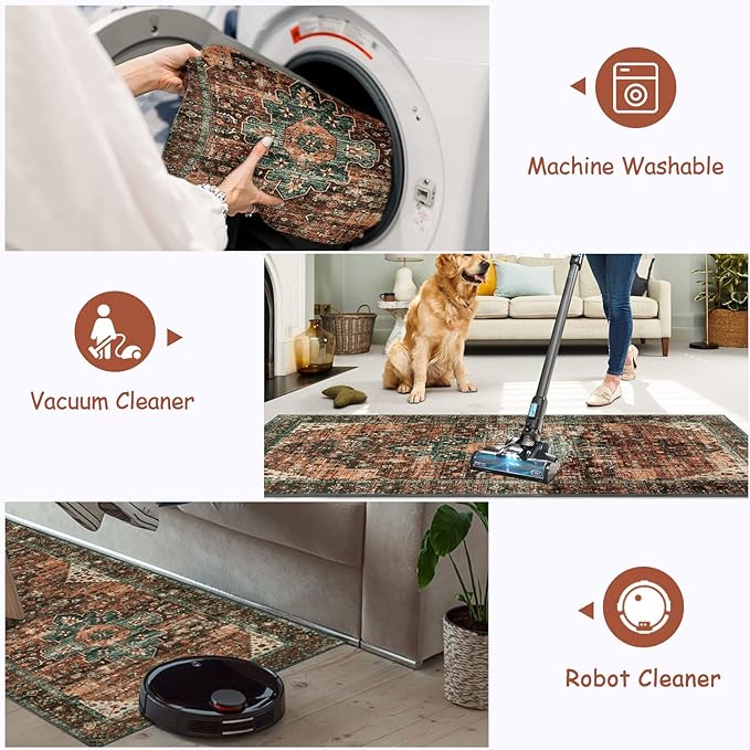 Moynesa Ultra-Thin Washable Vintage Area Rug - 3x5 Boho Non-Slip Entryway Rug Oriental Medallion Living Room Rug Entrance Mat Carpet for Kitchen Laundry Bathroom Bedroom, Brick Red/Dull Teal