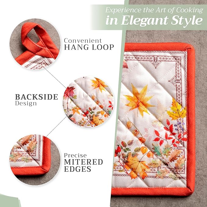 Maison d' Hermine 100% Cotton Oven Mitt & Pot Holder Set (7.5"x13" & 8"x8") Heat Resistant BBQ Cooking Gloves with Loop for Thanksgiving Christmas Decorations Handling Hot Pans (Amarante)