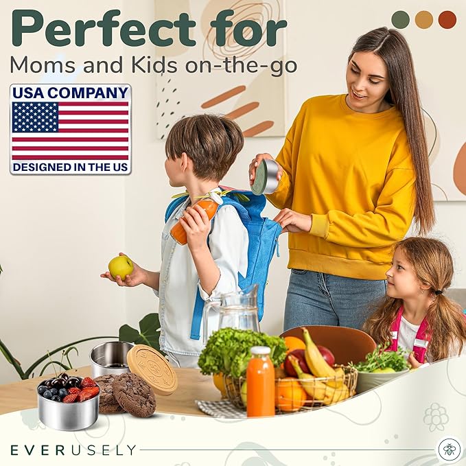Everusely - Stainless Steel Food Containers - 3 Pack, Muted - Metal Lunch Box - Nesting Snack Containers for Office, Home Food Storage - Leakproof Silicone Lids - Dishwasher and Freezer Safe