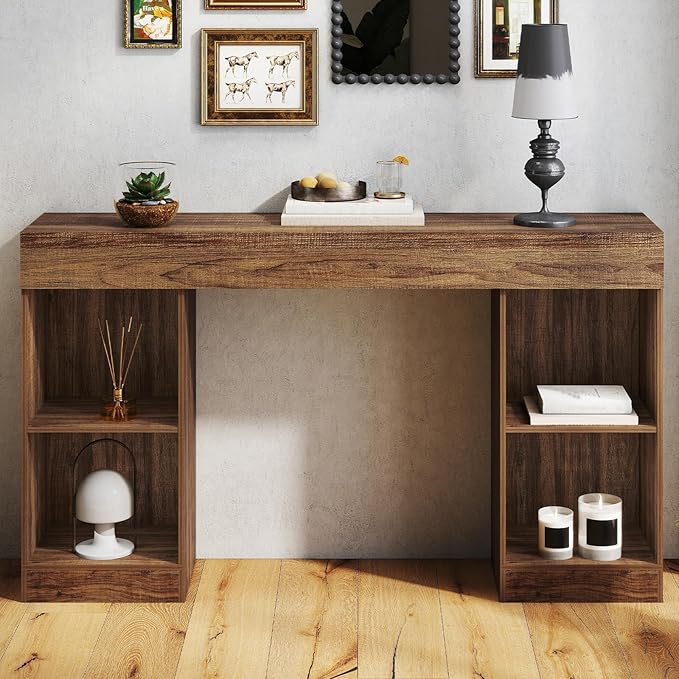 55 Inches Console Table,4 Cubes Narrow Entryway Table,3 Tier Wood Behind Couch Sofa Table,TV Console with Storage for Living Room,Hallway,Entrance,Foyer (Striped Brown)