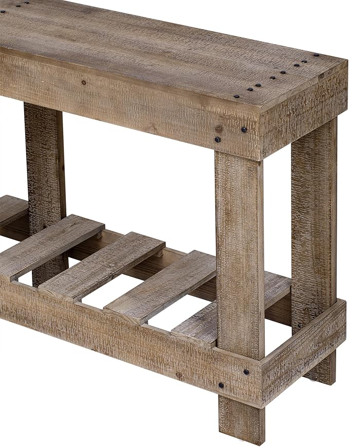 62.9" Vintage Entryway Table - Solid Cedar Wood with Natural Grain, 6 Reinforced Legs & 4.5" Thick Desktop, Metal Rivet Decor & Plank Under-Shelf, Console Table for Hallway, Living Room (Natural)