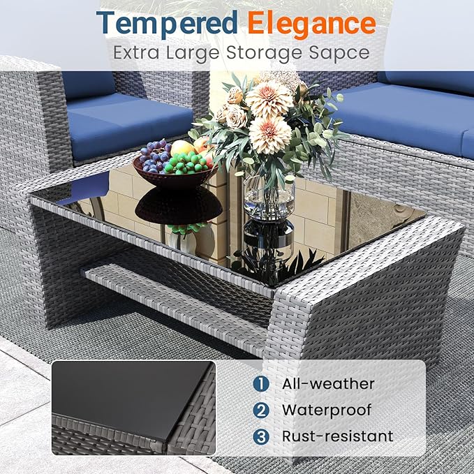 Wisteria Lane 4 Piece Patio Furniture Set, Wicker Outdoor Patio Conversation Furniture Set, All Weather Outdoor Patio Sofa with Cushion and Glass Table, Navy Blue