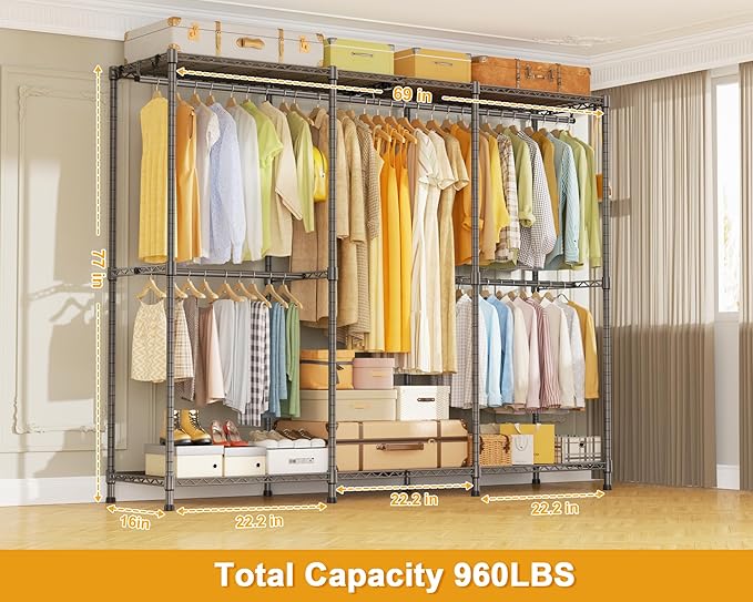 E14 Heavy Duty Clothes Rack，Freestanding Clothing Racks for Hanging Clothes，Adjustable Closet Organizers and Storage，Metal Garment Rack with Shelves 69" W x16 D x77 H，Max Load 960LBS，Grey