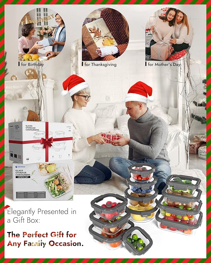 12-Pack Glass Containers with Tempered Lids – Borosilicate, Oven-Safe, Airtight, BPA-Free, Multi-Size for Meal Prep, Dishwasher Safe (Gray)