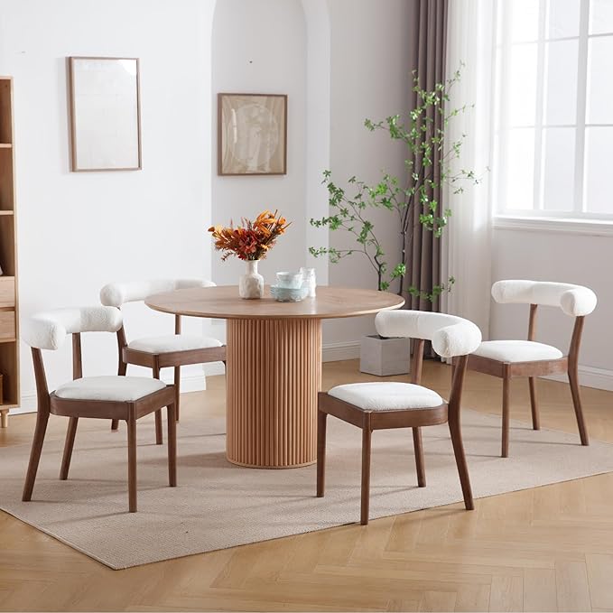 Kmax Dining Room Chairs Mid-Century Modern Sherpa Kitchen Chairs with Natural Walnut Finished Frame, Fur Curved Back, Set of 6, White