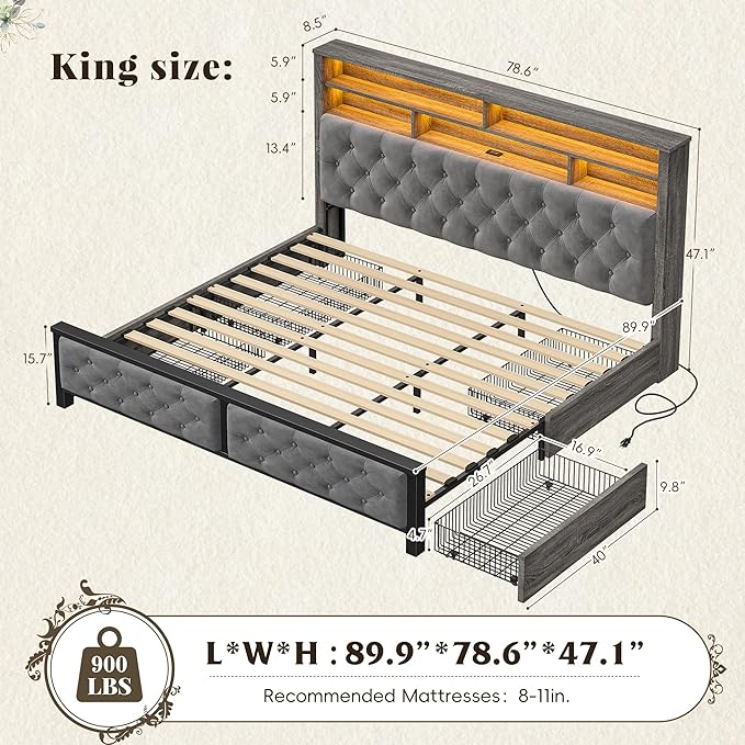 EnHomee King Size Bed Frame with 4 Drawers and Upholstered Storage Headboard,Wooden King Bed Frame with Charging Station and LED Lights,NO Noise,No Box Spring Needed,Gray