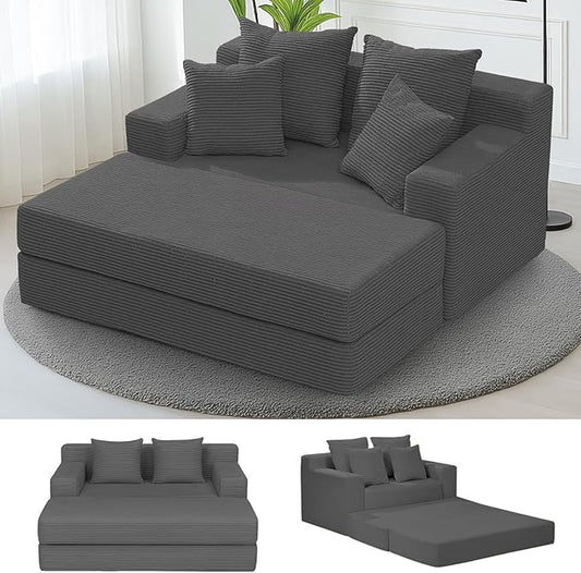 Convertible Futon Sofa Bed with Ottoman, 5 in 1 Folding Couch Bed Loveseat Sleeper, Corduroy Boneless Couch with Deep Seat for Living Room Chaise Lounge Chair Indoor, No Assembly Required, Grey