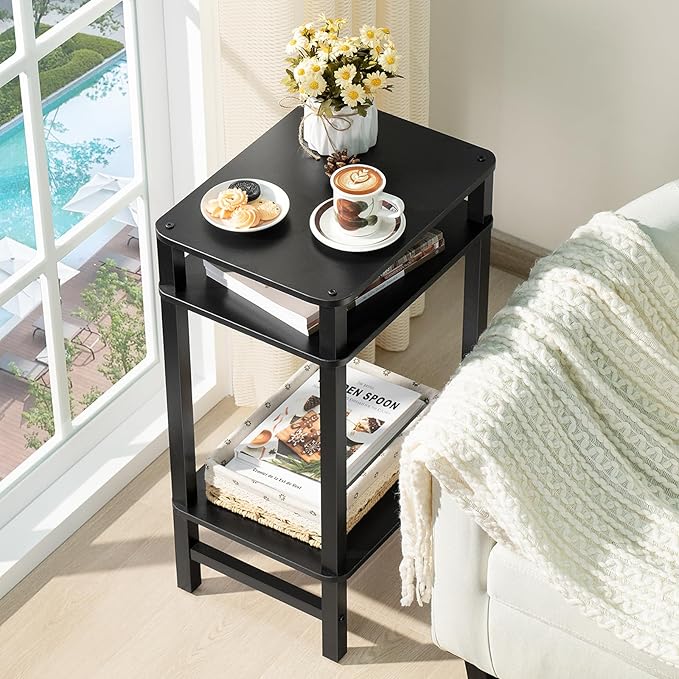 28in Tall Side Table 3-Tier Small Narrow End Table for Couch, Skinny Nightstand for Small Space, Farmhouse Slim Night Stand with Storage, Wooden Frame Thin Bedside Table, for Living Room, Black