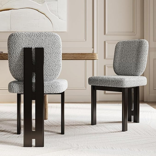 Modern Boucle Dining Chairs Set of 2, Farmhouse Sherpa Upholstered Wooden Kitchen Chairs with Back, Side Armless Dining Room Chairs with Brown Wood Legs for Kitchen Restaurant, Gray