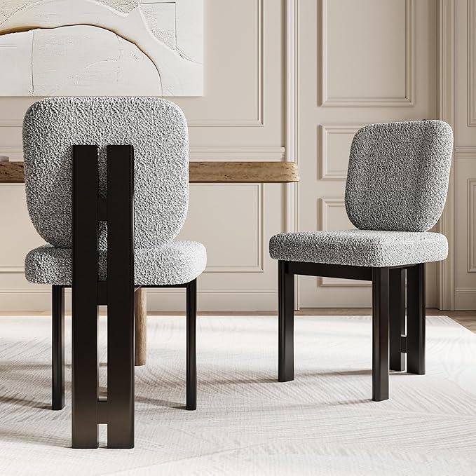 Modern Boucle Dining Chairs Set of 6, Farmhouse Sherpa Upholstered Wooden Kitchen Chairs with Back, Side Armless Dining Room Chairs with Brown Wood Legs for Kitchen Restaurant, Gray