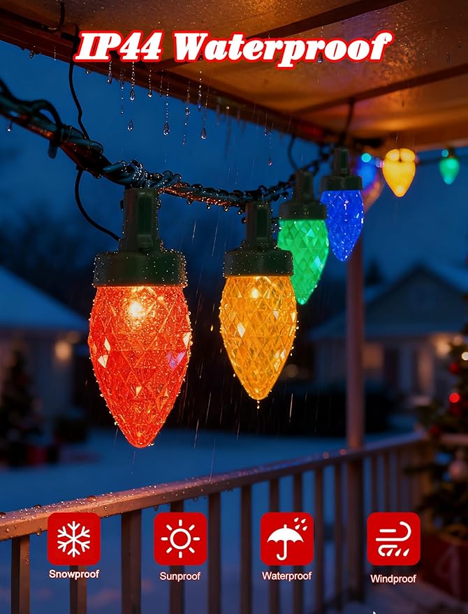 C7 LED Christmas Lights Outdoor,50 LED Multicolor C7 Christmas Light 0.07w per Diamond Bulb,26FT Xmas Lights Outdoor for House, Yard, Garden, Christmas Tree Decoration, Green Wire