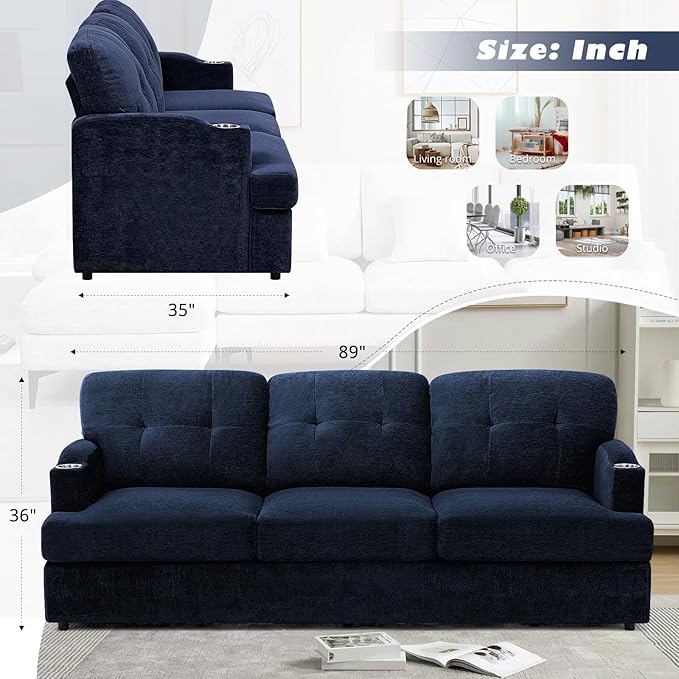 89" Chenille Modern Sofa with Cup Holder, Tufted Upholstered Couch with Thickened Cushions, Comfy 3 Seater Sofa with Deeper Seat for Living Room, Apartment,Blue