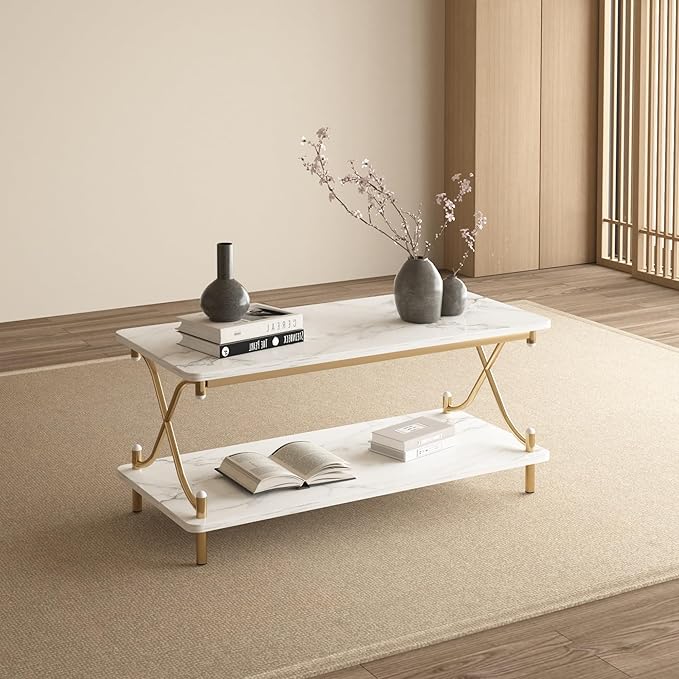 VECELO White and Gold Coffee Table with Storage and Open Shelves for Living Dining Room 39-Inch, Modern Rectangle & Industrial Design, X-Shape Frame, Easy Assemble