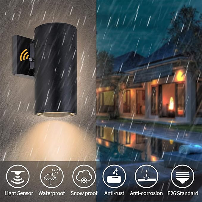 Dusk to Dawn Outdoor Lighting, Exterior Lights -ETL Listed, Aluminum Anti-Rust Waterproof Wall Mount Cylinder Design, 1-Direction Up or Down Light Fixture for Porch,Patio or Garage (3 Pack)