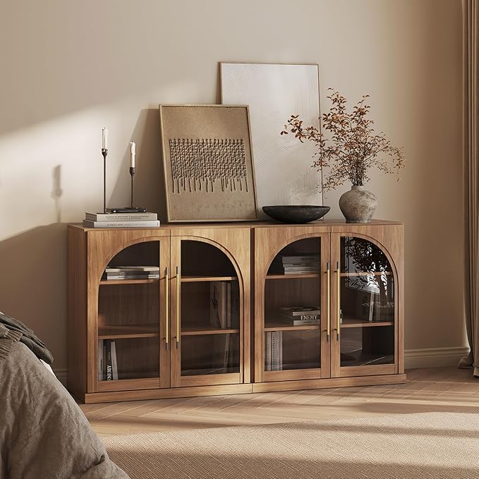 BELLEZE Set of 2 Modular Sideboard with Arched Glass Door, Accent Display Buffet Cabinet with Storage and Adjustable Shelves,Classic Modern Credenza for Dining Room Living Room Entryway (Camel)