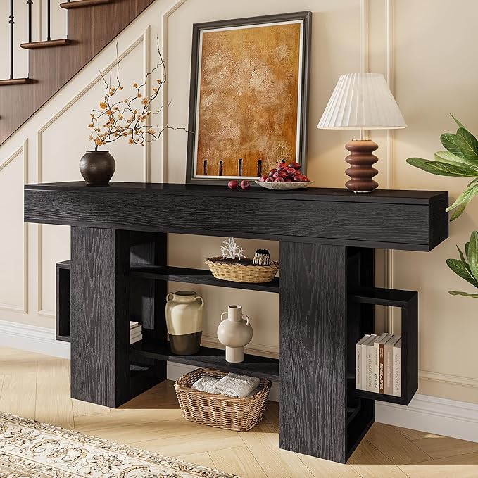 63 Inch Long Console Table for Entryway, Modern Wooden Sofa Table Behind Couch with 3-Tier Storage Shelf, Narrow Entry Accent Table for Living Room, Hallway, Foyer, Black