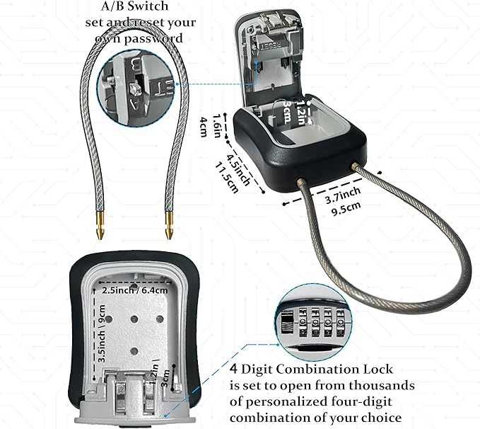 Iron Lock® Key Lock Box Portable with Cable Shackle & Wall Mount – Waterproof Metal Lock Box for Keys with 4-Digit Combination & Resettable Code – Indoor/Outdoor Key Safe (Grey, Medium)