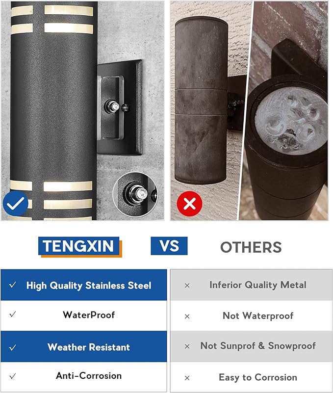 TENGXIN Outdoor Wall Lights, 2-Pack Dusk to Dawn Modern Outdoor Wall Sconce with Stainless Steel Cylinder, Black Finish Wall Mount Light,IP65 Waterproof