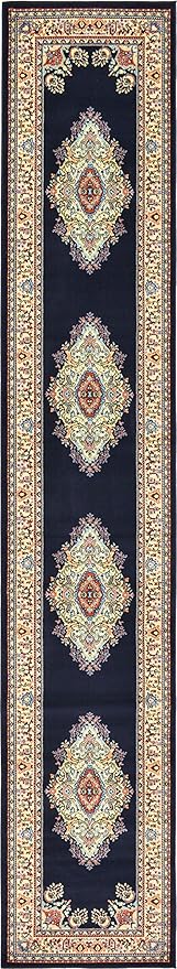 Unique Loom Reza Collection Traditional Persian Style Area Rug, Runner 3' 0" x 16' 5", Navy Blue/Ivory