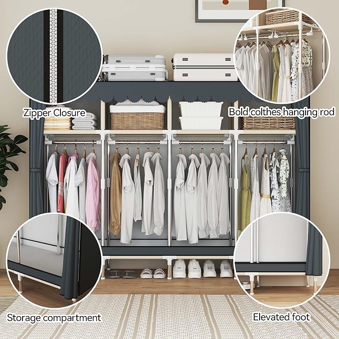 Portable Wardrobe Closet Durable and Easy to Assemble Heavy Duty Clothes Rack with Non-Woven Cover Fabric Best for Bedroom and Easy Storage and Organization (Grey-B)