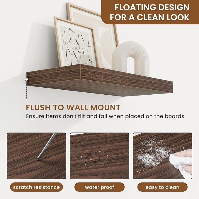 fuqing Floating Shelves for Wall, Wall Mounted Wood Floating Shelf with Invisible Brackets for Living Room, Bathroom, Bedroom, Kitchen Storage and Decor, 16 Inch Set of 2, Walnut