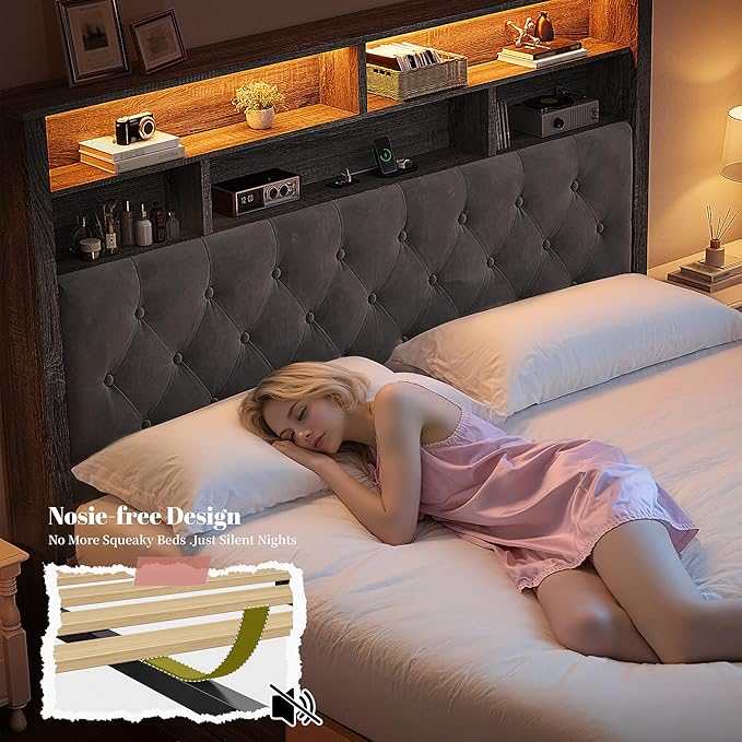 EnHomee Queen Bed Frame with Storage Headboard & 4 Drawers,Wooden Bed Frame Queen Size with Charging Station & LED Lights Upholstered,NO Noise,No Box Spring Needed,Gray