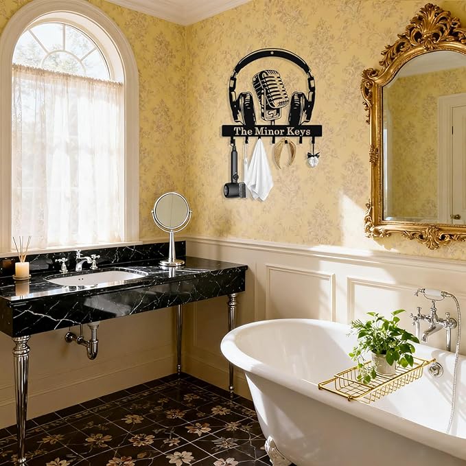 Personalized Music Key Holder Wall Mount, Custom Metal Key Holder for Wall with Name, Custom Keys Rack Hanger with Hooks for Entryway, Front Door, Hallway, Living Room, Kitchen