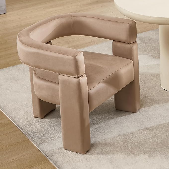 Modern Barrel Dining Chair Upholstered Velvet Dining Room Chair with Arms Comfy Side Chair for Kitchen/Living Room/Reception, Khaki