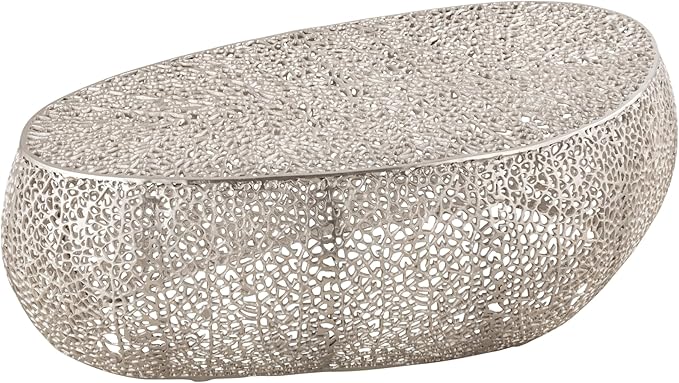 Modern Contemporary Oval-Shape 50" Coffee Table, Solid Aluminum intrigued Design, Mesh Cocktail Table, Creative Center Table for Living Room and Bedroom, Casted in Silver