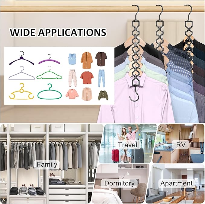 3 Pack Space Saving Hangers for Clothes, Heavy Duty 30Lbs Capacity Magic Clothes Space Saver Sturdy Metal Hanger Organizer with 360° Swivel Hook, Closet Organizers Storage Dorm Essentials Black