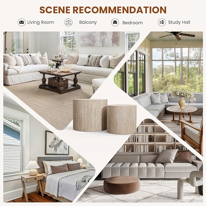 Nesting Coffee Table Set of 2 Modern Round Coffee Table with Non-Slip Feet, Wooden Circle Accent Tables Contemporary Drum Side Table End Table for Living Room Bedroom (Travertine)