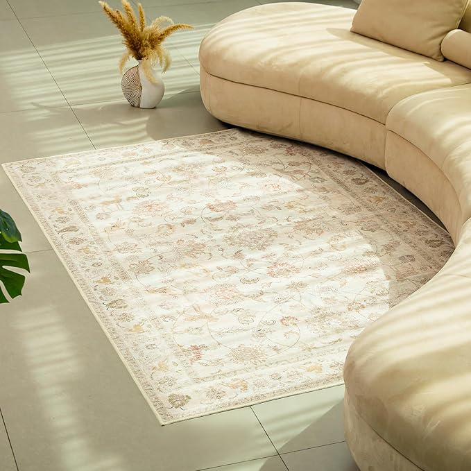 6x9 Soft Washable Area Rugs for Living Room and Bedroom, Non-Slip Stain Resistant Indoor Carpet, Cozy Floor Mat for Dining Room, Office, Under TableStain Resistant Persian Beige Floral
