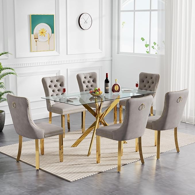 Goujxcy Glass Dining Table Set for 6, Modern Kitchen Table and Chairs Set of 6, 7-Piece Kitchen Dining Room Table Set w/51 Glass Gold Dining Table and 6 Grey Velvet Upholstered Chairs