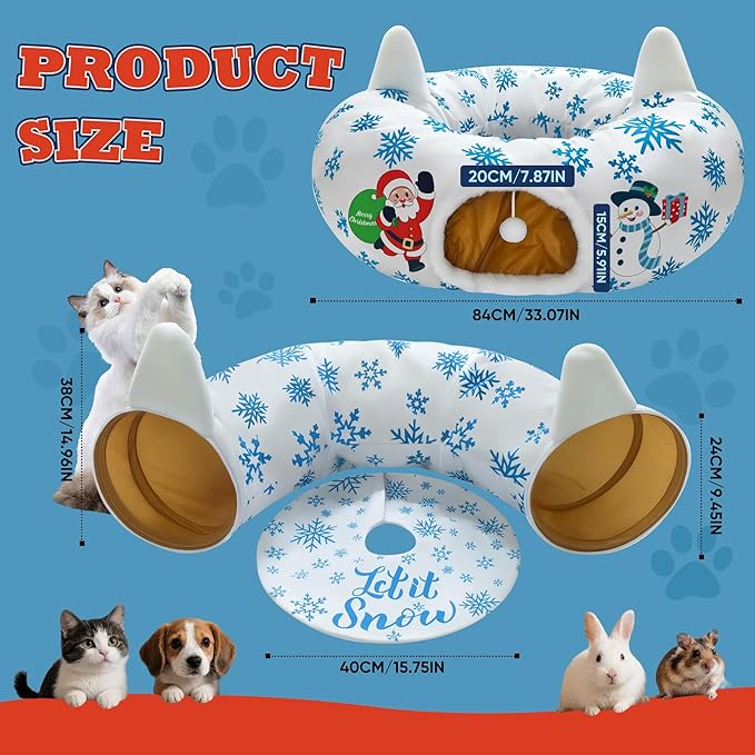 Christmas Cat Tunnel, Cat Tunnel Bed Under Christmas Tree with Hanging Toy Ball, Santa and Snowman Cats Cave Donut Tunnel Christmas Decor, Foldable Kitty Tube Tunnel for Kittens Small Animal