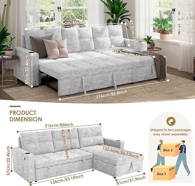 85" Sleeper Sectional Sofa Bed - L-Shaped Convertible Pull Out Couch with Reversible Storage Chaise, USB Ports & Side Pockets, Gray