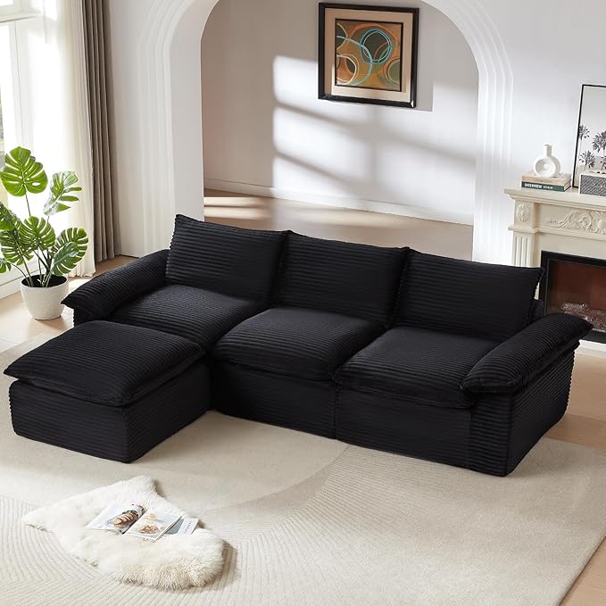 113.03" Sectional Couches for Living Room Modern Modular Sofa with L-Shape Couchs Upholstered Corduroy Boneless Couch Deep Seat Cloud Couch with Ottoman, No Assembly Required, Black