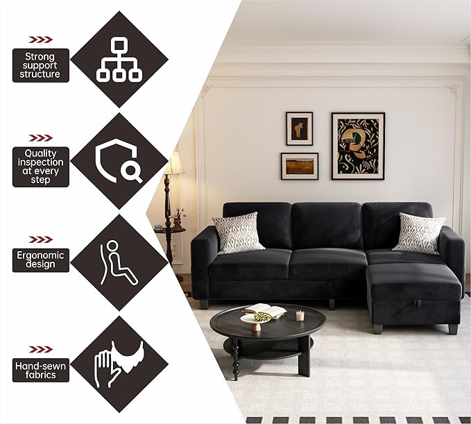 Youmumeub 79''Sectional Couch Couches for Living Room - L-Shaped 4-Seater Deep Sectional Sofa,Removable Covers,Suitable for The Living Room, Apartment or Office-Black