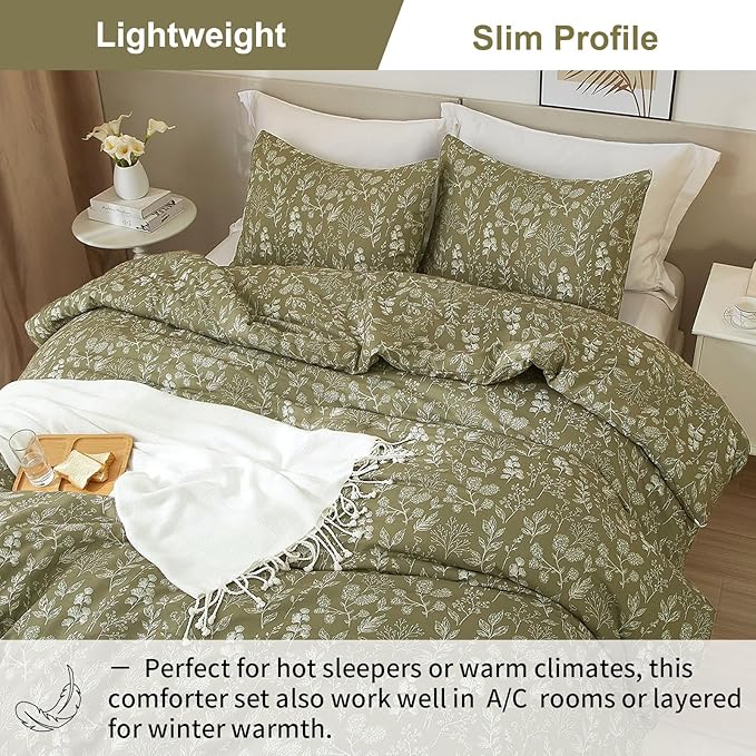 EAVD Fresh Botanical Floral Comforter Set King Dark Olive Green Soft Microfiber Chic Cute Garden Floral Bedding Comforter Set 1 King Comforter and 2 Pillowcases Botanical Comforter for All-Season