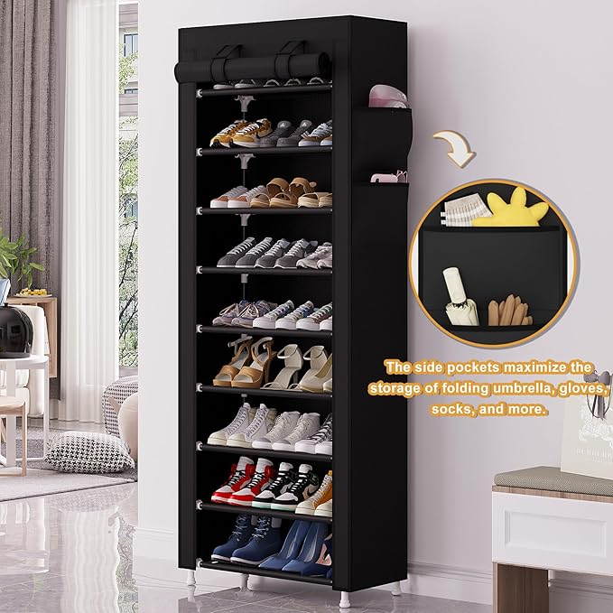 Calmootey 9 Tier Shoe Rack Organizer,Portable Shoe Shelf with Nonwoven Fabric Cover for Closet Hallway,Bedroom,Entryway,Black