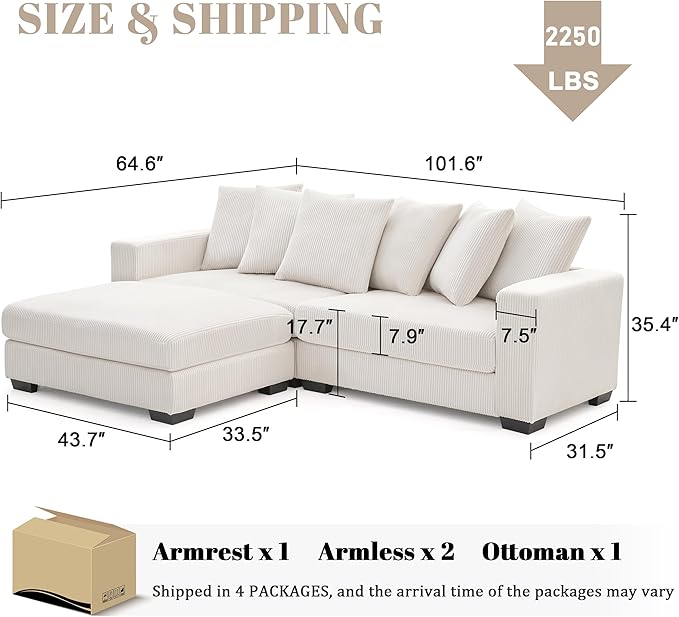101.6" Deep Seat Modular Sectional Sofa, Comfy Corduroy Sectional Couches for Living Room, L-Shaped Upholstered Cloud Couch with Chaise, Widened Armrests for 4 People, Beige