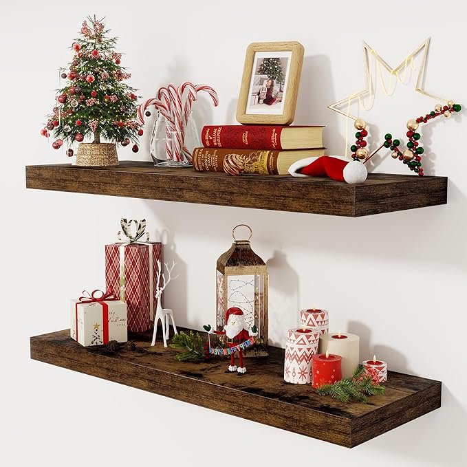 Floating Shelves 36 Inch Long, 12 Inch Deep Floating Shelves for Wall, 36 x 12 Shelves for Wall Storage & Display, 2" Thick Floating Shelf for Bathroom, Living Room, Rustic Brown Color, Set of 2