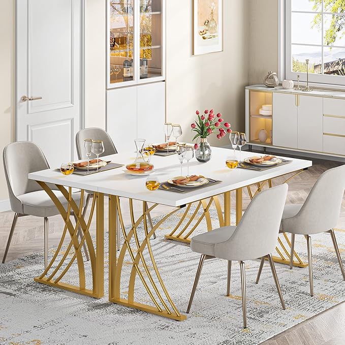 LITTLE TREE 55’’ Large Modern Computer Desk, White & Gold Luxury Laptop PC Student Table, Makeup Vanity Table with Thick Frame & Strong Legs, Sturdy Writing Workstation for Home & Office